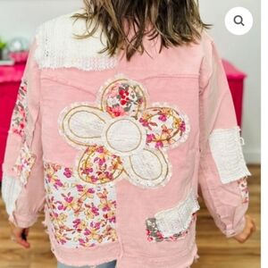New POL Floral & Lace Peace Flower Patchwork Jacket - Pink Large